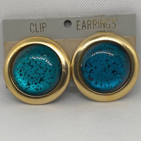 Vtg 80s 90s big clip on Earrings  blue with goldtone halo - Picture 2 of 5